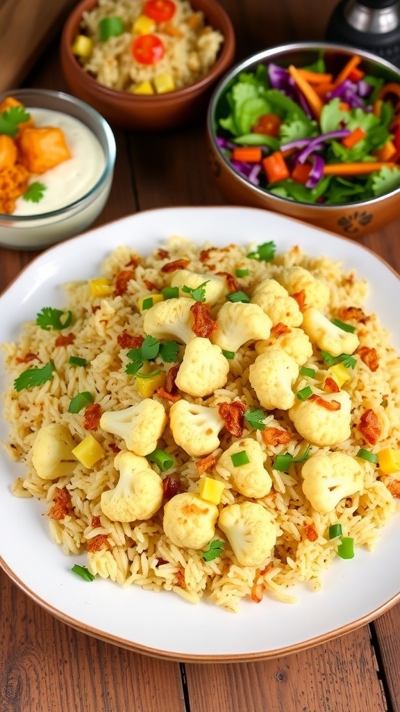A plate of Cauliflower 65 Biryani with crispy cauliflower, basmati rice, garnished with herbs and fried onions.